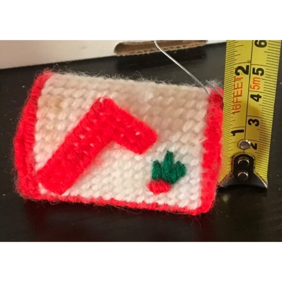 Handcrafted Red & White Yarn Mailbox Ornament Embroidered Detail Plastic Canvas - Picture 5 of 6